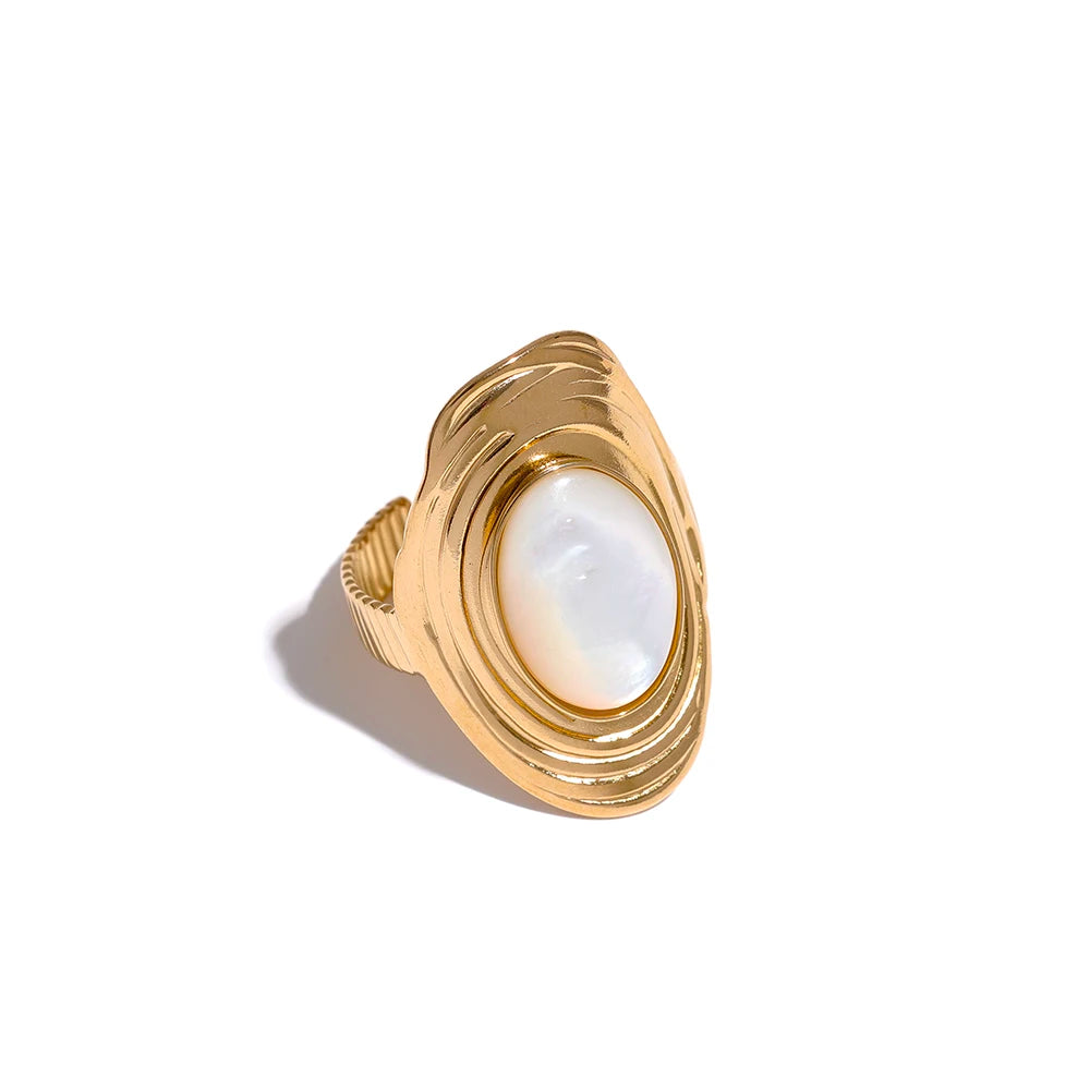 Yhpup Stainless Steel Natural Stone Pink Green Turquoise Hyperbolic Ring Women Bohemian Stylish Adjustable Big Summer Jewelry - YDKM