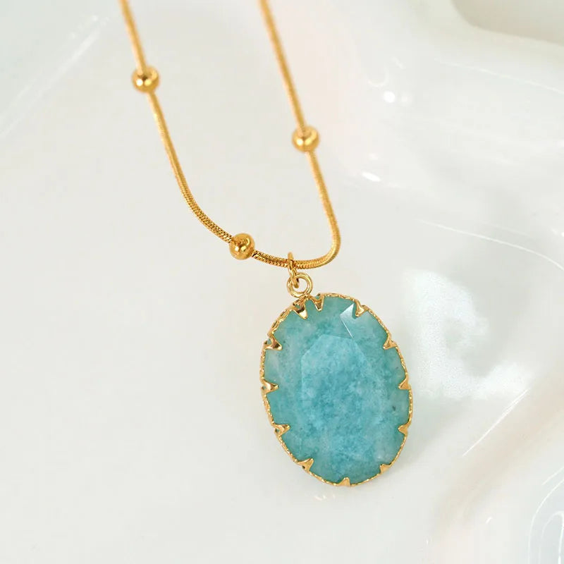 Green pink oval big stone pendant necklaces stainless steel necklaces for women summer holiday waterproof jewelry 2024new in - YDKM