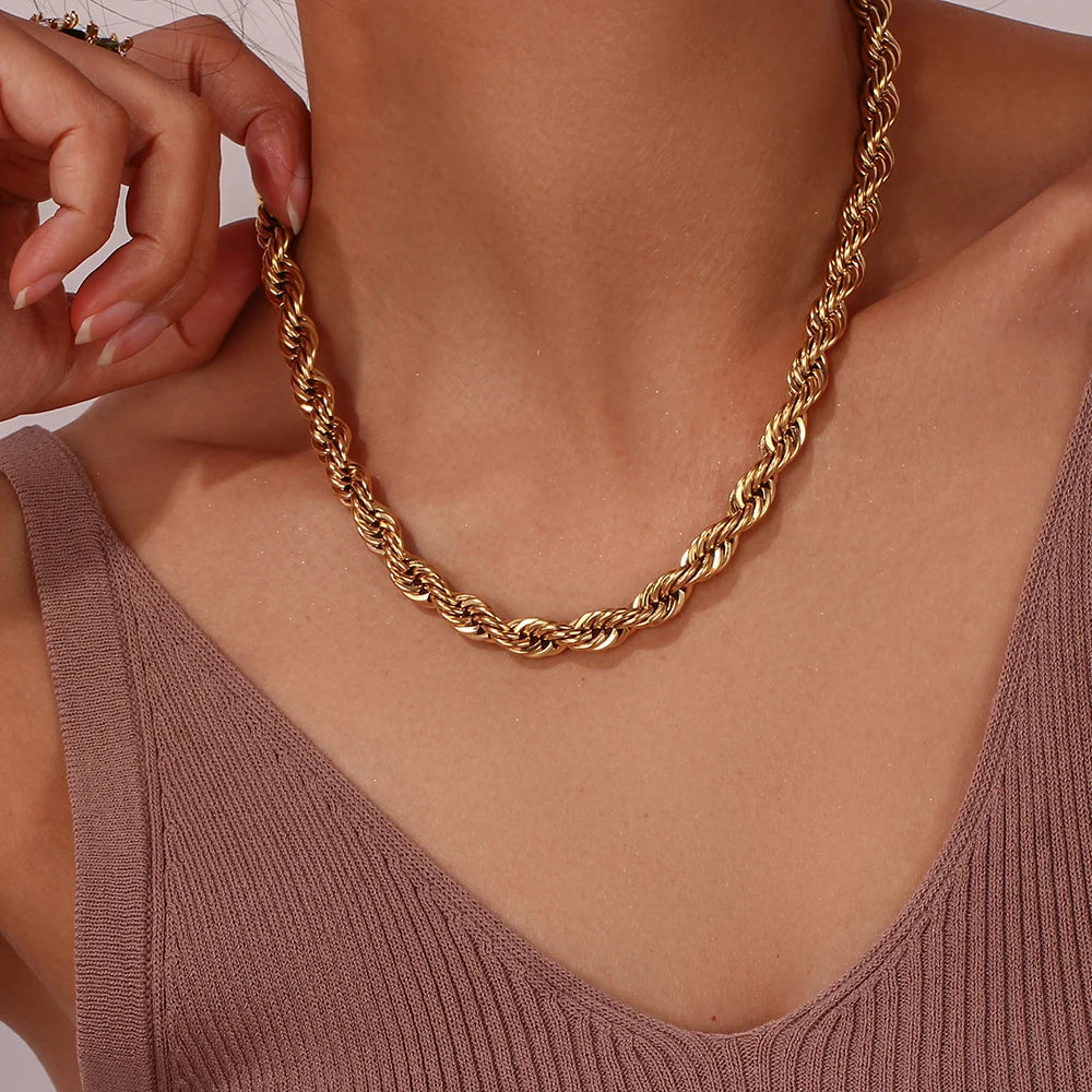 2022 New Tarnish Free Stainless Steel 18K Gold Plated Women's 8mm Chunky Twisted Rope Chain Necklace Trendy Gold Bracelet - YDKM