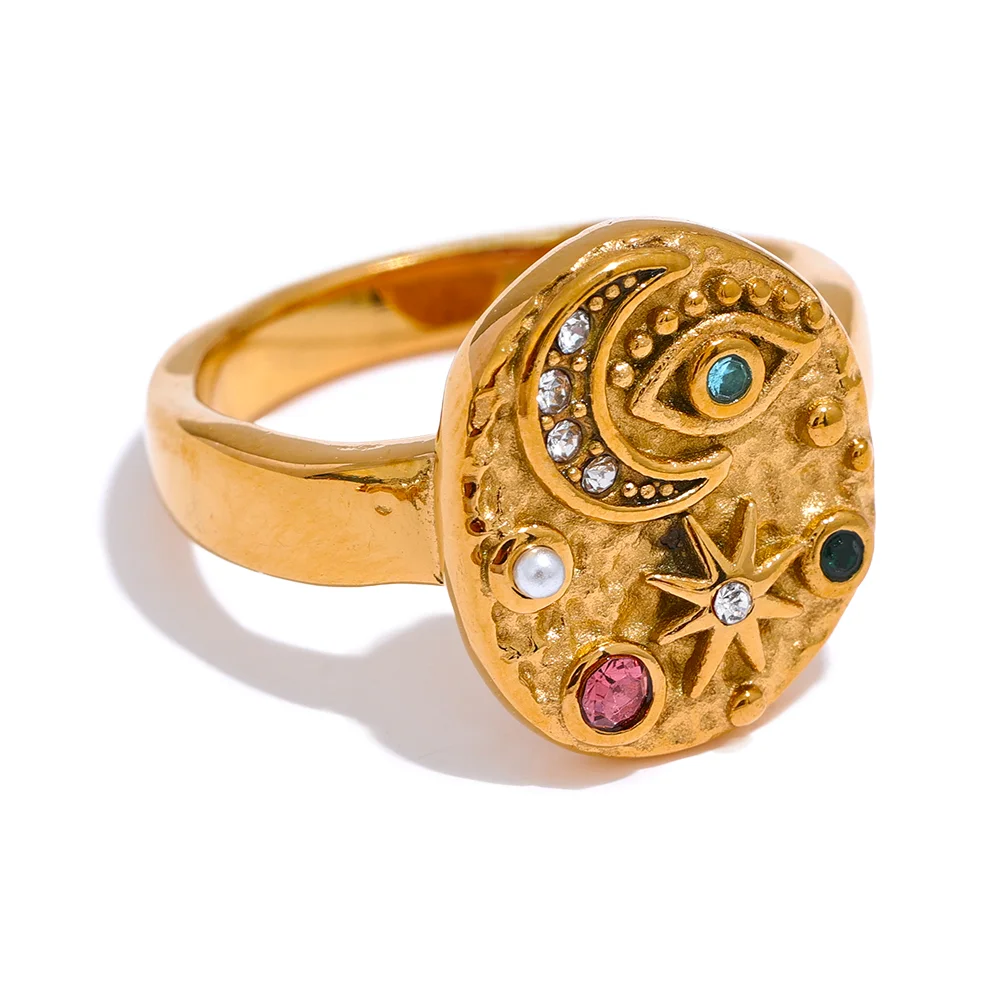 Yhpup Stainless Steel Star Moon Eye Charms Ring Colorful CZ Zirconia 18K Gold Color High Quality Celestial Jewelry Women Gala - YDKM
