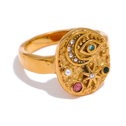 Yhpup Stainless Steel Star Moon Eye Charms Ring Colorful CZ Zirconia 18K Gold Color High Quality Celestial Jewelry Women Gala - YDKM