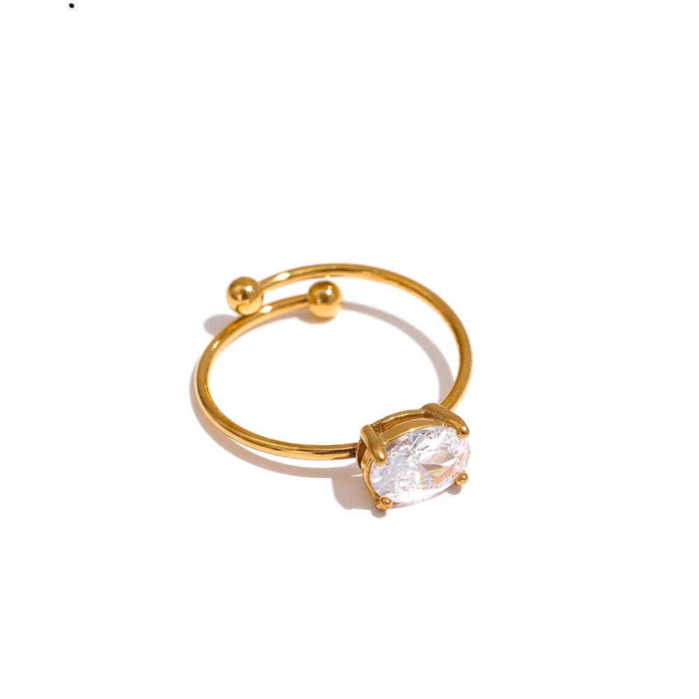 Yhpup Tarnish Free Chic White Green Cubic Zirconia Adjustable Stainless Steel Ring 18k Gold Plated Finger Jewelry Korean Women - YDKM
