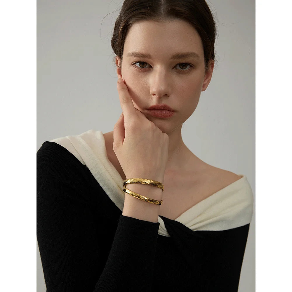 Yhpup 60mm 316l Stainless Steel Round Texture Bracelet Bangle Gold Silver Color Metal Waterproof Wrist Jewelry Bijoux Gift - YDKM