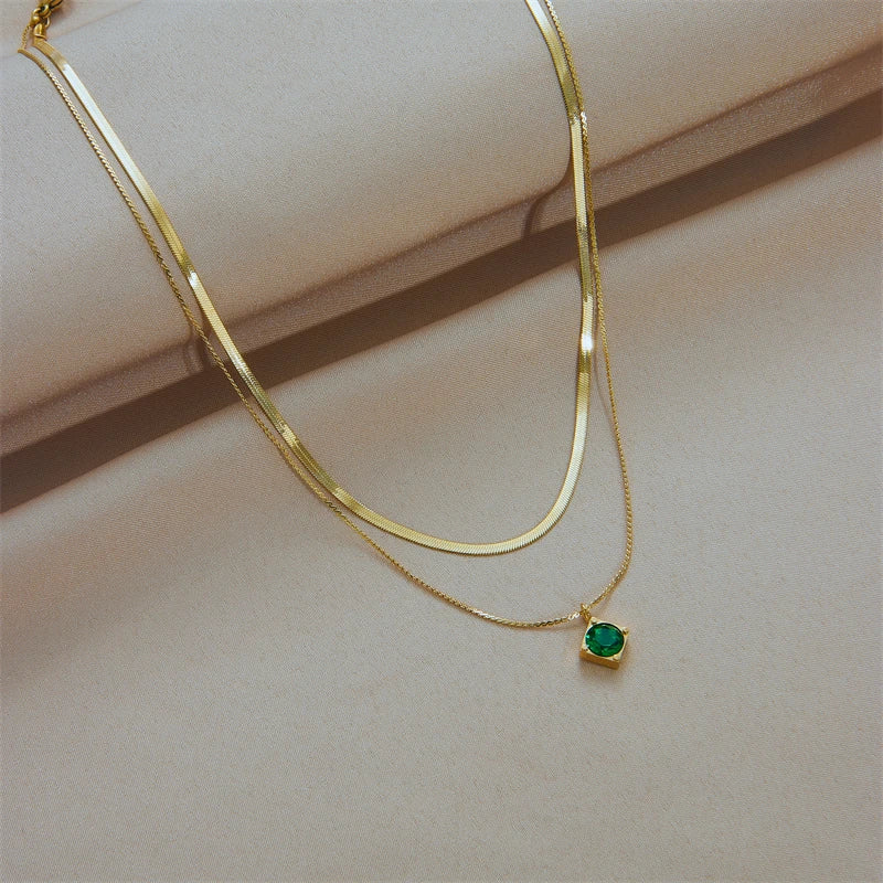 DIEYURO 316L Stainless Steel Green Zircon Pendant Necklace For Women Fashion Luxury Gold Color 2in1 Chain Girl Neck Jewelry Gift - YDKM