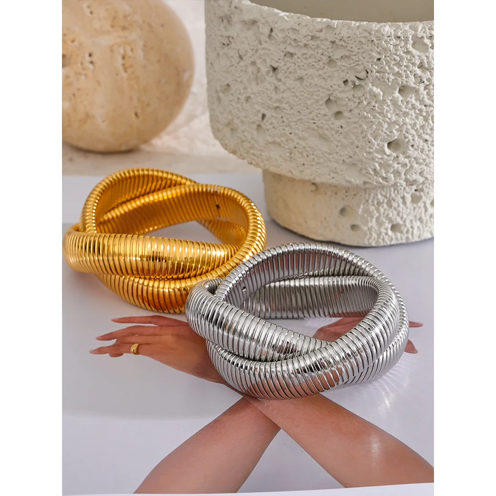 Yhpup 316L Stainless Steel Wide Heavy Metal Stackable Bracelet Bangle Waterproof 18K PVD Plated Texture Charm Statement Jewelry - YDKM