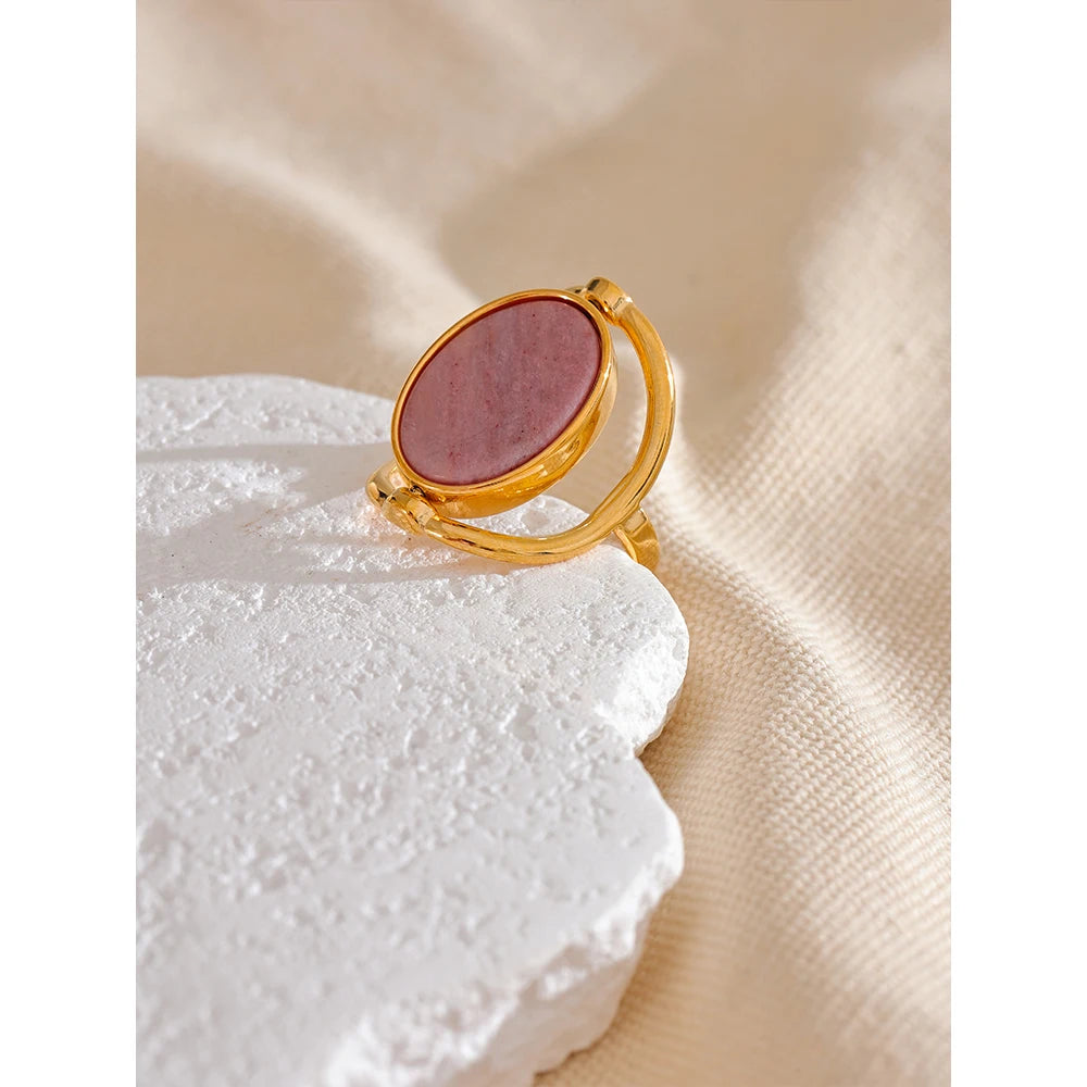 Yhpup Exclusive Natural Stone Shell Rotatable Open Ring France Exquisite Stainless Steel Unique Jewelry for Fashionable Women - YDKM