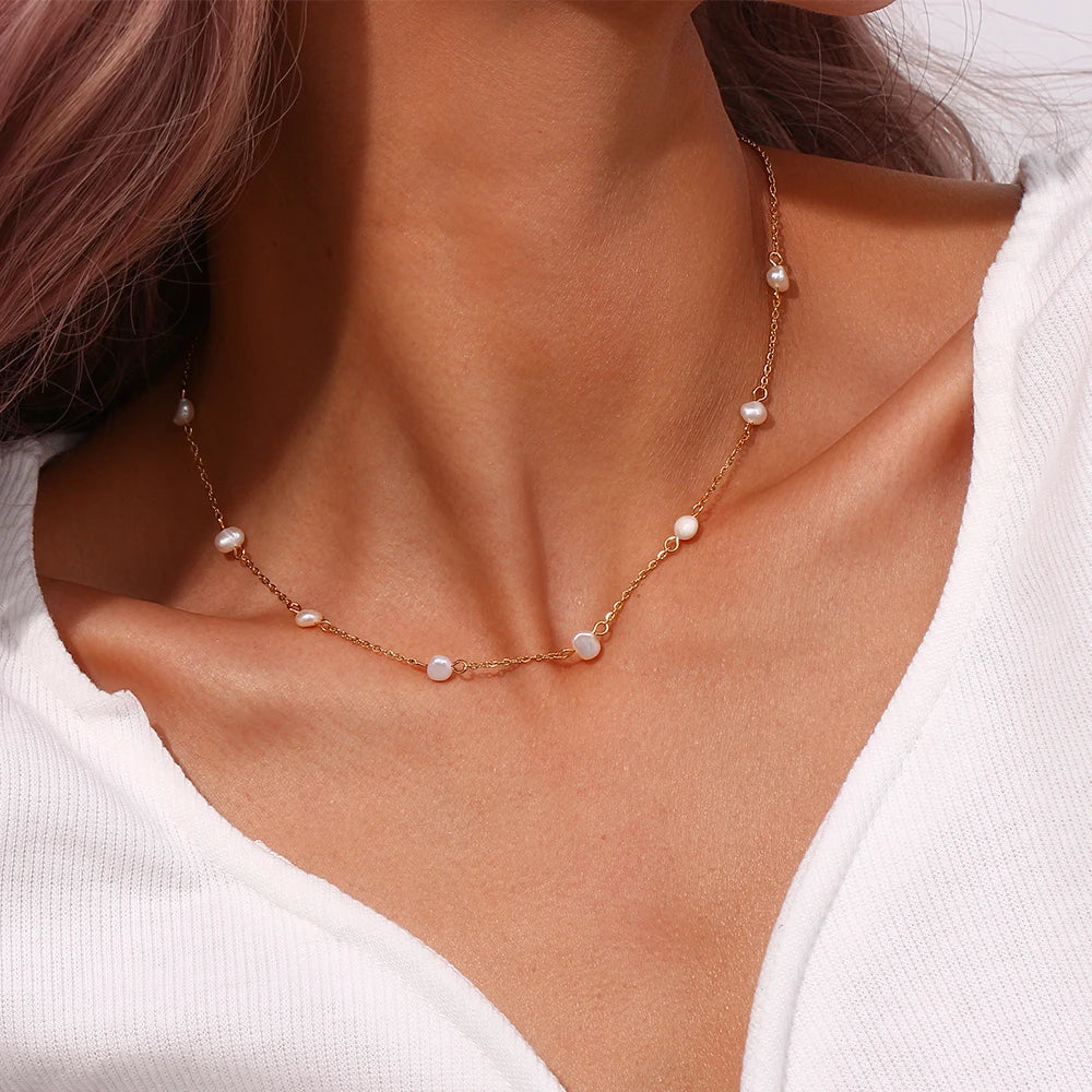 E.B.belle Anti-allergy Stainless Steel Chain Freshwater Pearl Chain Necklace Bracelets For Women Gold Plated Jewelry Set - YDKM