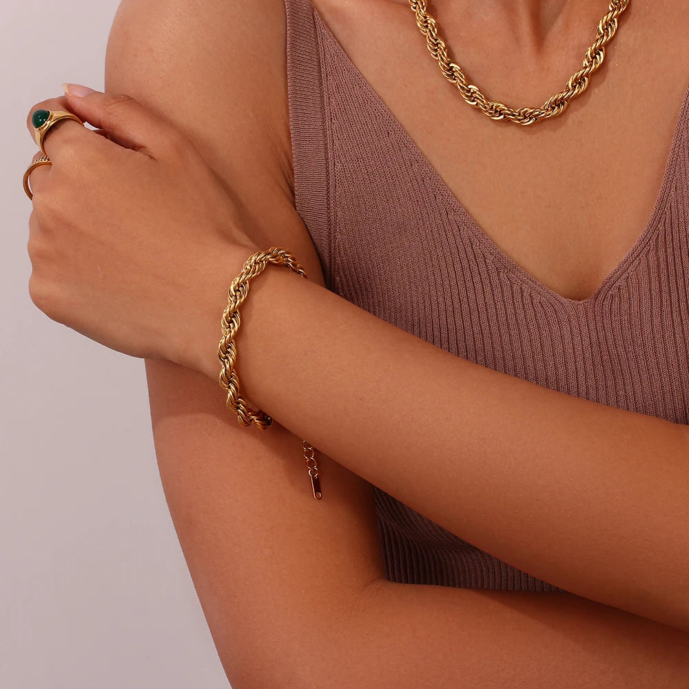 2022 New Tarnish Free Stainless Steel 18K Gold Plated Women's 8mm Chunky Twisted Rope Chain Necklace Trendy Gold Bracelet - YDKM