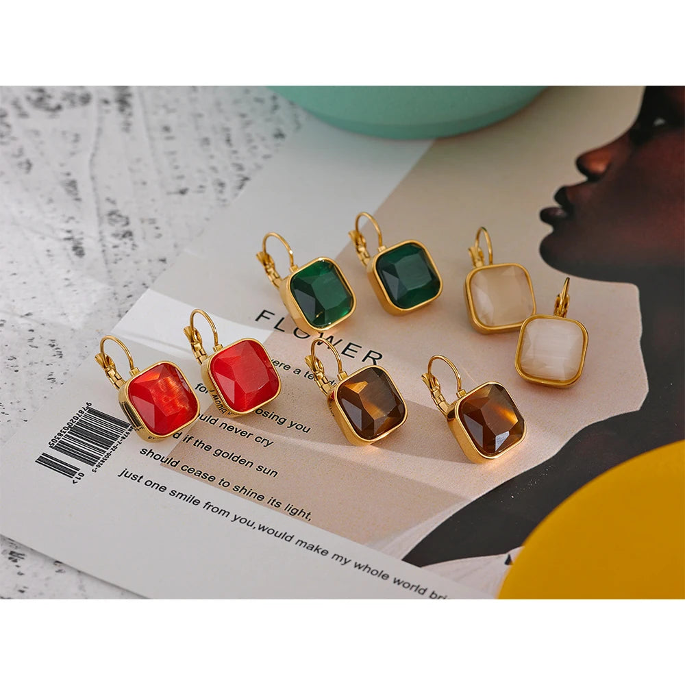 Yhpup Delicate Colorful Vintage Charm Square Opal Stone French Hook Earrings Stainless Steel 18k Gold Plated Waterproof Jewelry - YDKM