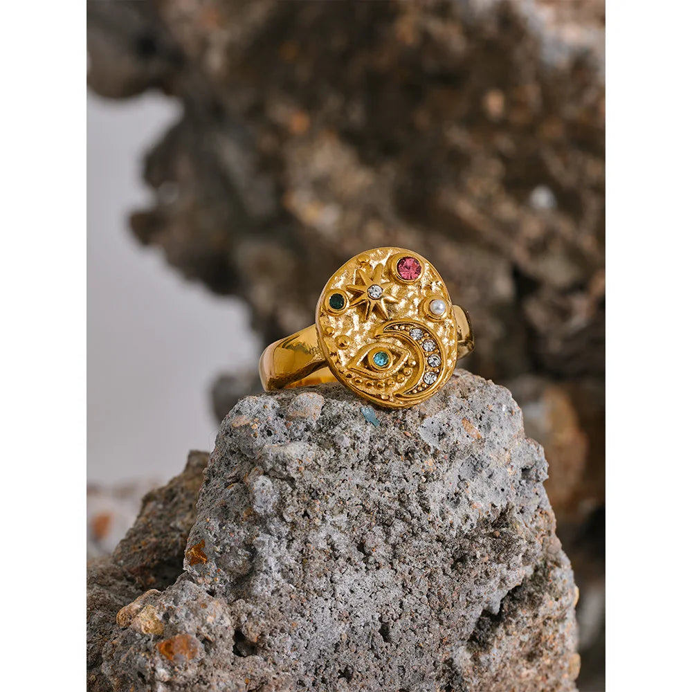 Yhpup Stainless Steel Star Moon Eye Charms Ring Colorful CZ Zirconia 18K Gold Color High Quality Celestial Jewelry Women Gala - YDKM