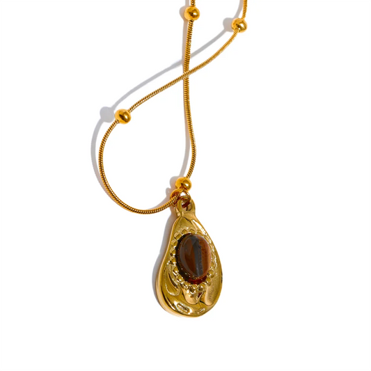 Yhpup Stainless Steel Cashew Drop Inlaid Natural Tiger Stone Pendant Necklace Rust Proof 18K PVD Plated Chain Neck Jewelry - YDKM