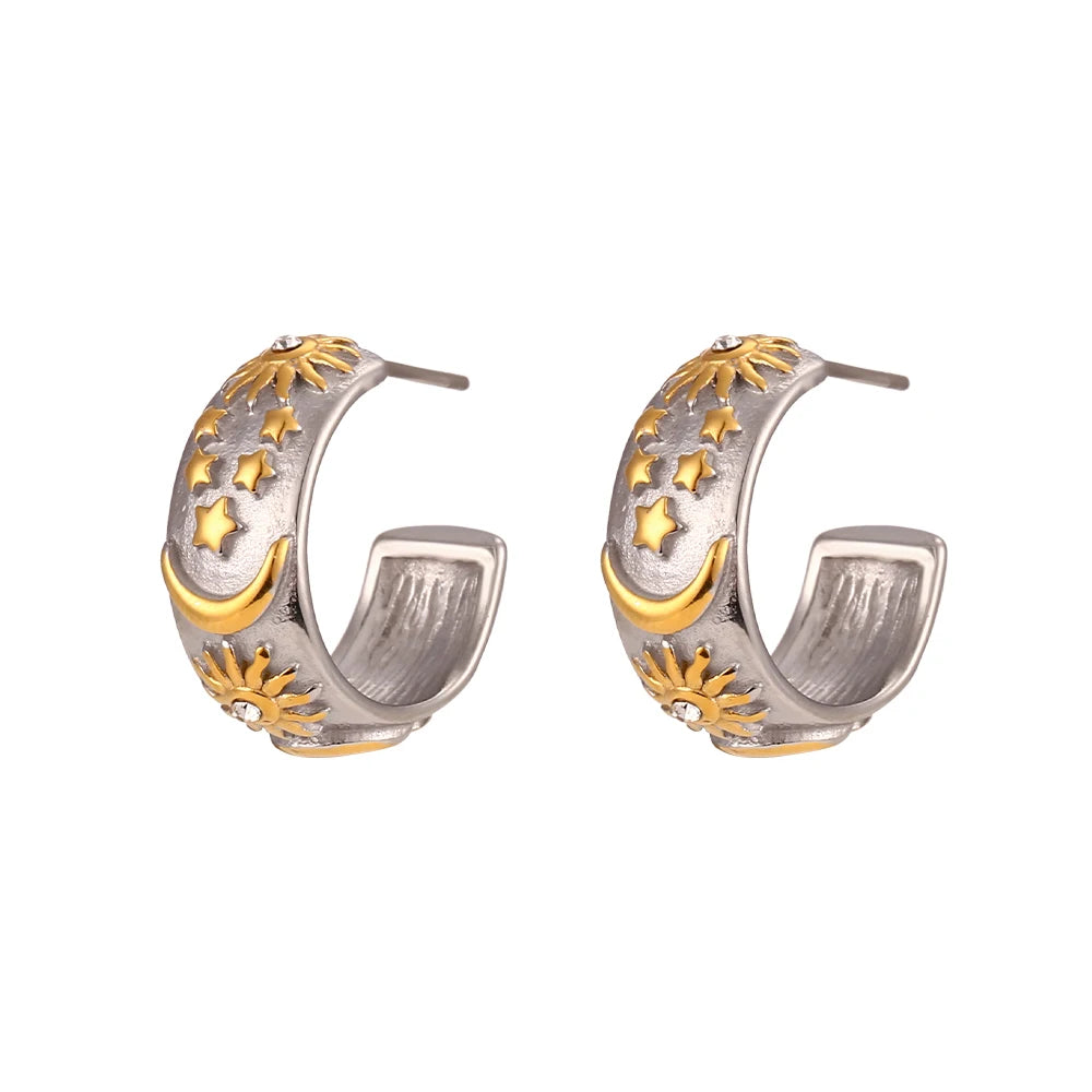 MamacitaSlay Stainless Steel 18K Gold Plated Zircon Sun Moon Star Earrings Party Trend Mixed Color Waterproof Jewelry Gift - YDKM