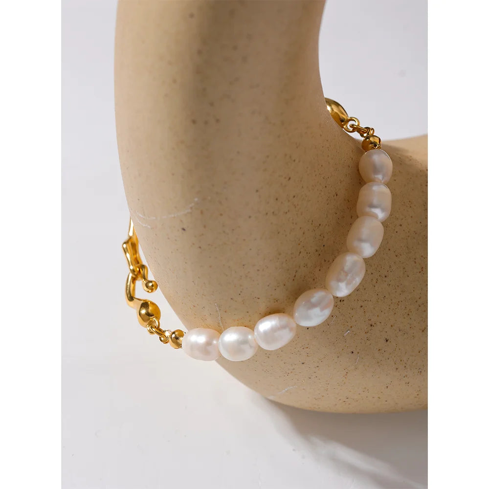 Yhpup Luxury Natural Freshwater Pearls Stainless Steel 18k Gold Color Bracelet Bangle Temperament Fashion Jewelry Women New Gift - YDKM