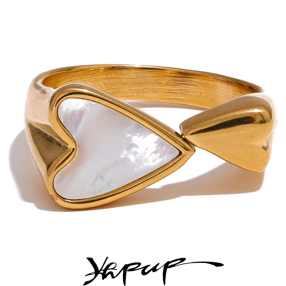 Yhpup Shell Acrylic Heart Stainless Steel Stylish Ring for Women Charms Metal Texture Waterproof Golden Jewelry Gala Gift - YDKM