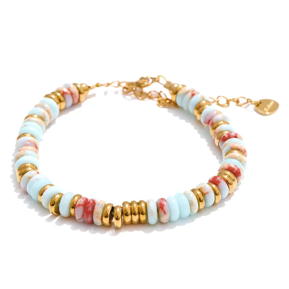 Yhpup Colorful Natural Stone Beads Chain Handmade Bracelet Bangle Waterproof Bohemia Stainless Steel Y2K Trendy Jewelry Gift - YDKM