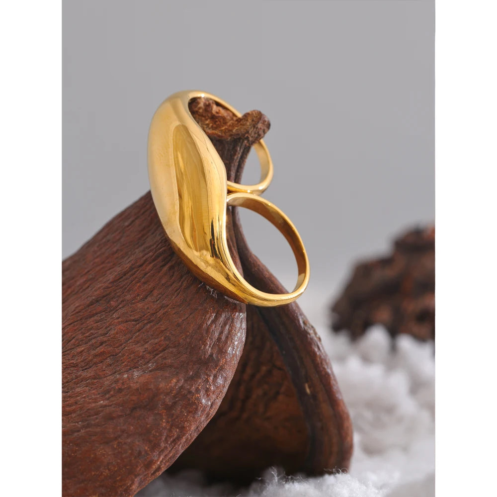 Yhpup 2024 Stainless Steel Metal Double Finger Geometric Ring Personality Rust Proof Attractive Big Exaggerated Jewelry Gift - YDKM