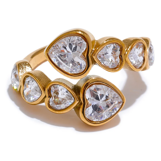 Yhpup Delicate Cubic Zirconia Heart Stainless Steel Gold Color Adjustable Fashion Open Ring High Quality Chic Charm Jewelry - YDKM