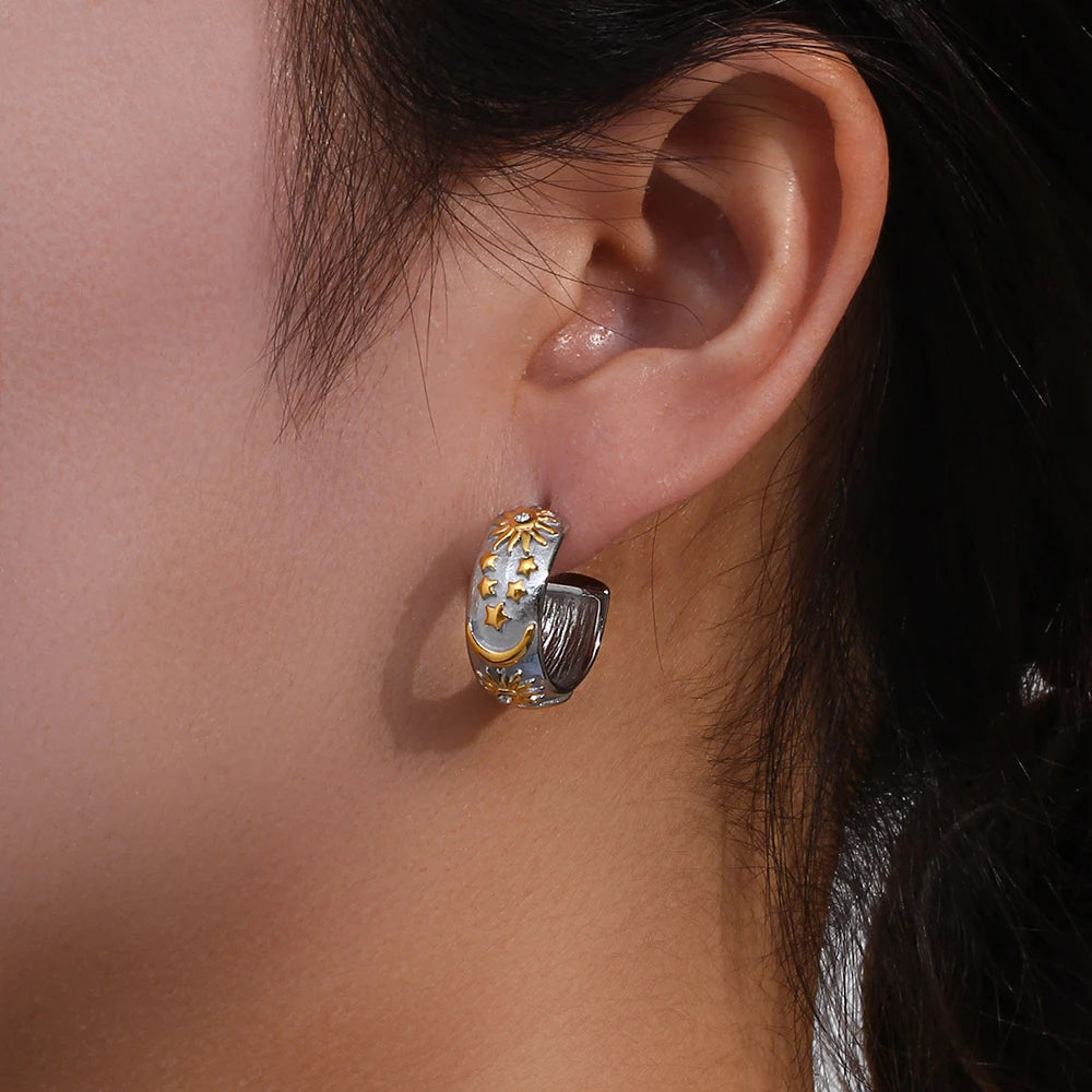 MamacitaSlay Stainless Steel 18K Gold Plated Zircon Sun Moon Star Earrings Party Trend Mixed Color Waterproof Jewelry Gift - YDKM