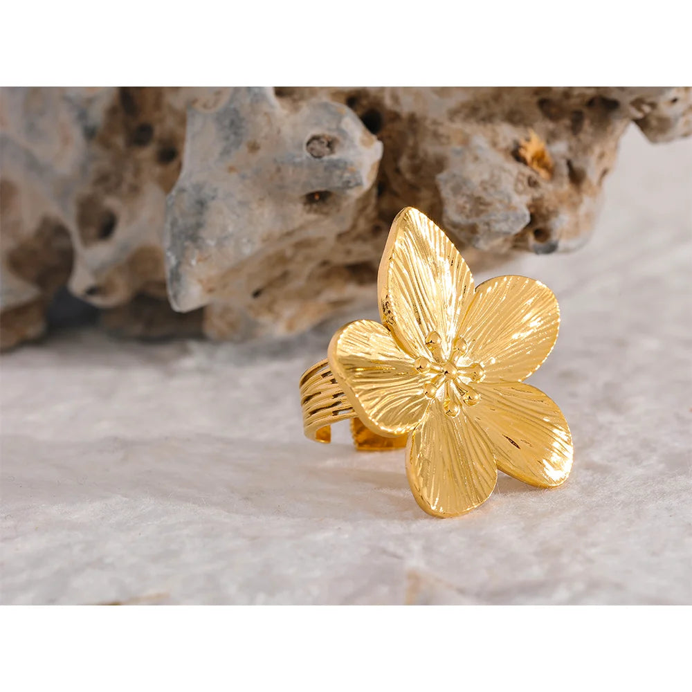 Yhpup Waterproof 18K Gold Color Stainless Steel Flower Big Open Ring for Women Trendy Fashion Party Summer Statement Jewelry - YDKM