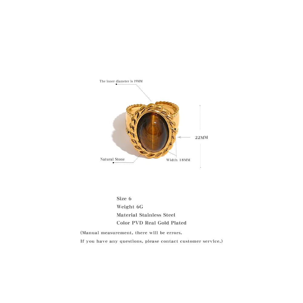 Yhpup Stainless Steel Wide Chunky Ring Inlaid Tiger Natural Stone Jewelry Trend Europe Bijoux Vintage Stylish Statement - YDKM