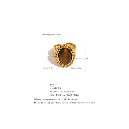 Yhpup Stainless Steel Wide Chunky Ring Inlaid Tiger Natural Stone Jewelry Trend Europe Bijoux Vintage Stylish Statement - YDKM