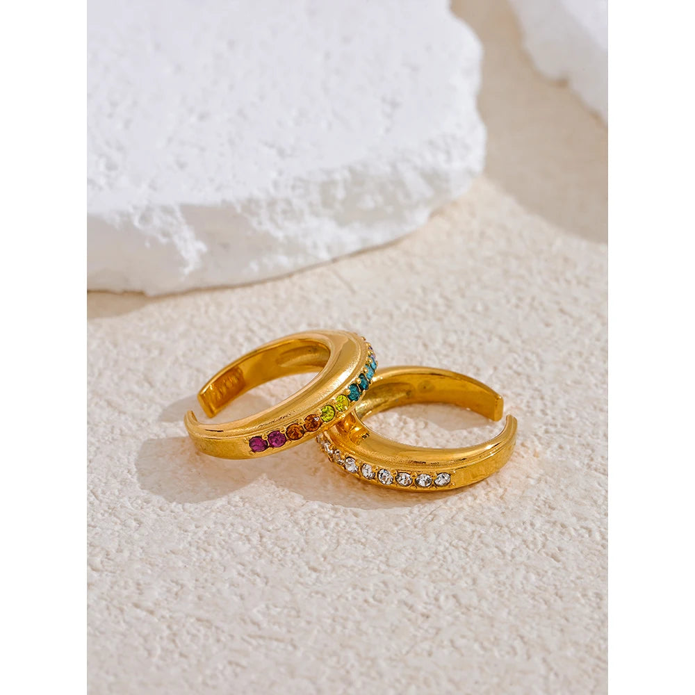 Yhpup Colorful White Cubic Zirconia Stainless Steel Fashion Open Ring Non-adjustable Golden Jewelry Water Resistant New - YDKM