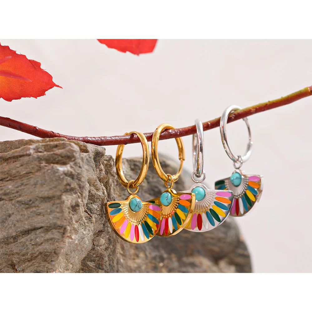 Yhpup Y2K Colorful Enamel Stainless Steel Fan Geometric Bohemian Rainbow Drop Hoop Earrings Women Trendy Fashion Charm Jewelry - YDKM