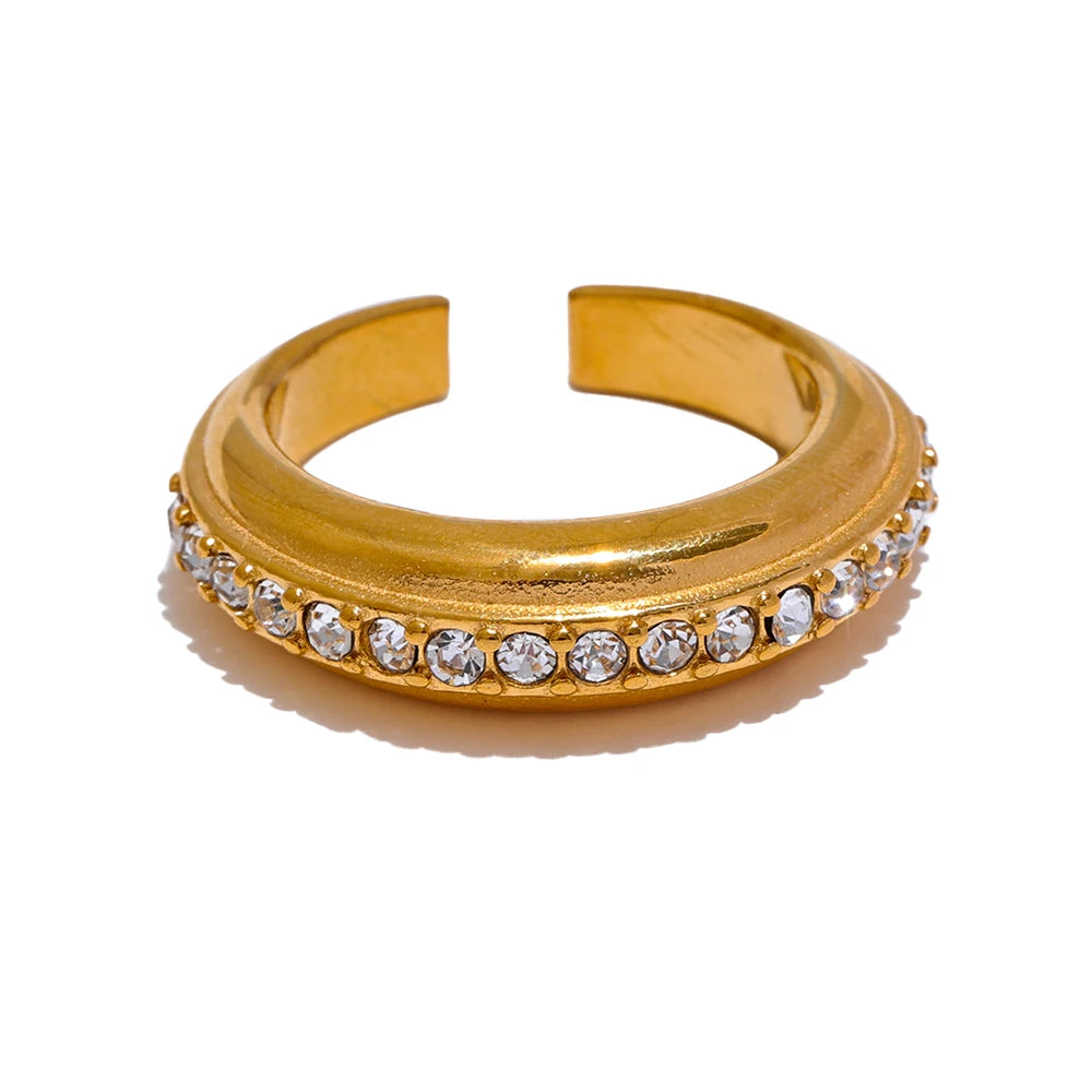 Yhpup Colorful White Cubic Zirconia Stainless Steel Fashion Open Ring Non-adjustable Golden Jewelry Water Resistant New - YDKM