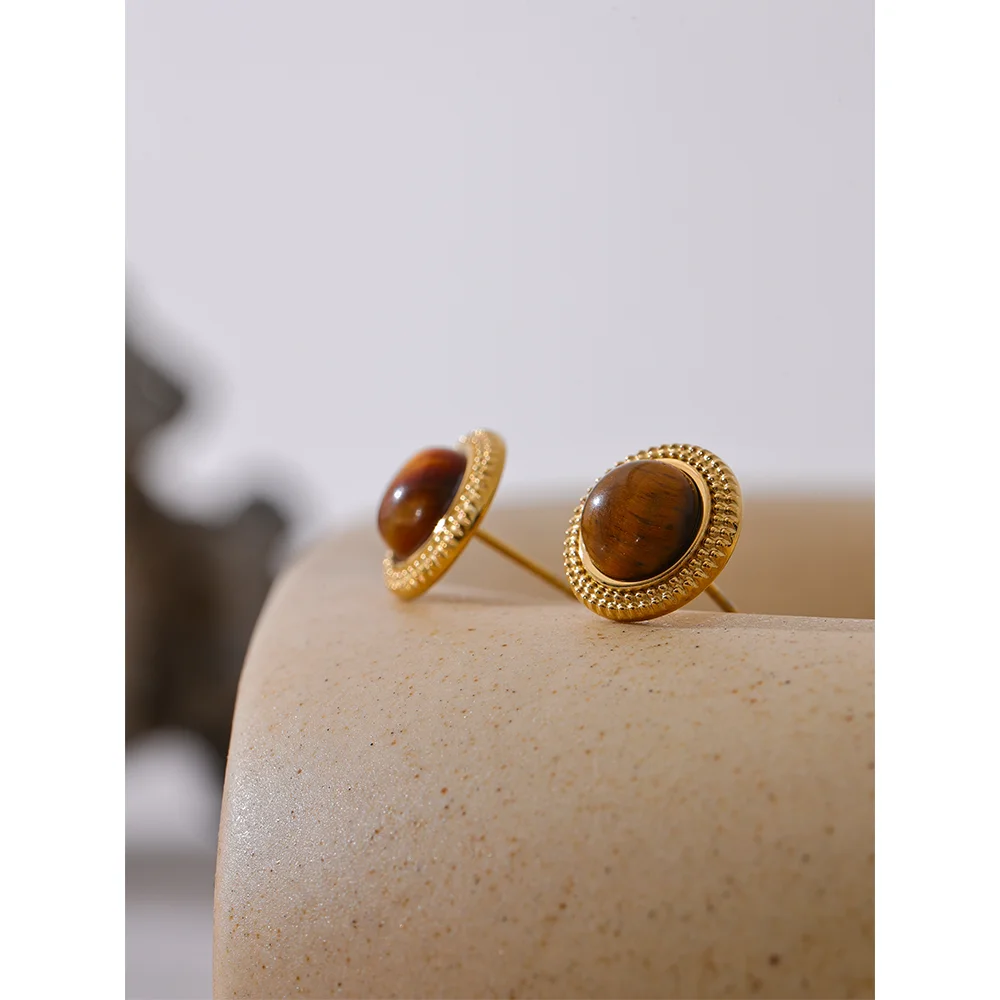 Yhpup Exquisite Natural Stone Stainless Steel Round Small Stud Earrings Waterproof Trendy High Quality Daily Jewelry Bijoux - YDKM