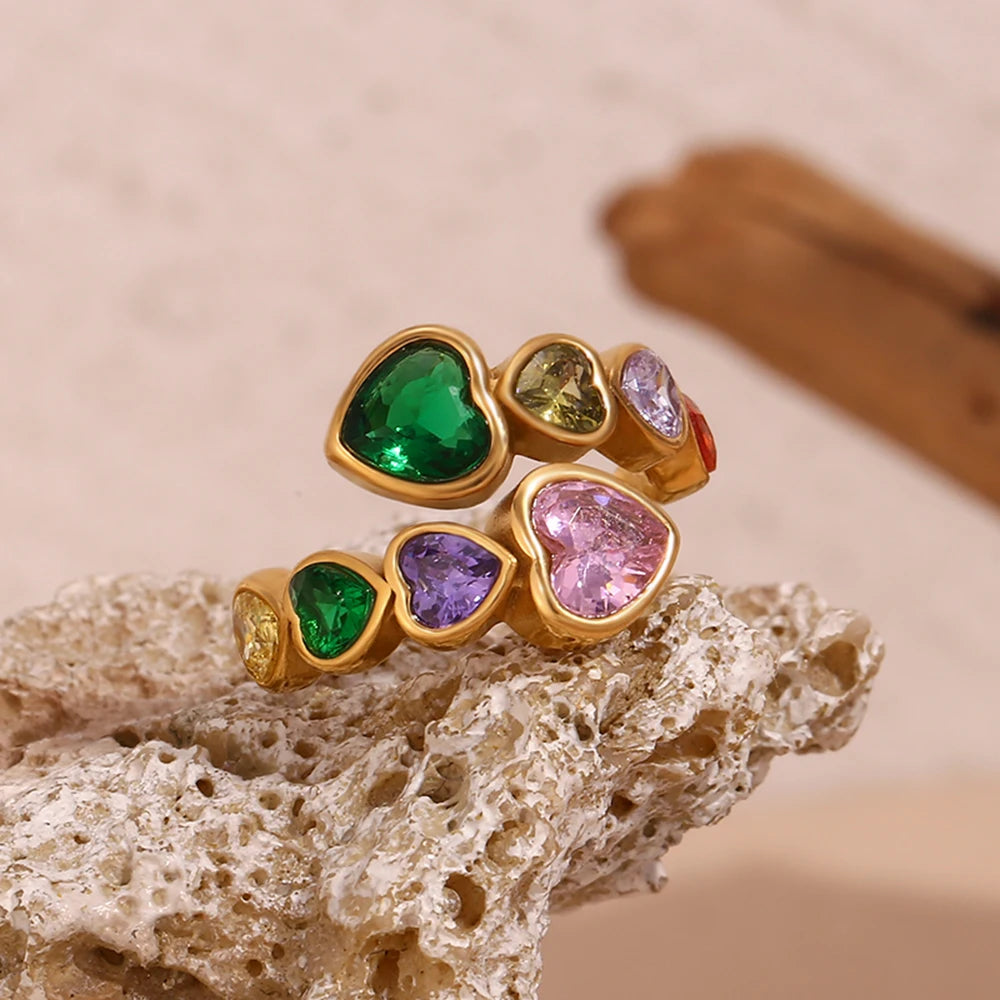 E.B.belle Open Heart Zircon Ring Colorful Hypoallergenic 316L Stainless Steel Decoration 18K Gold Plated Jewelry - YDKM