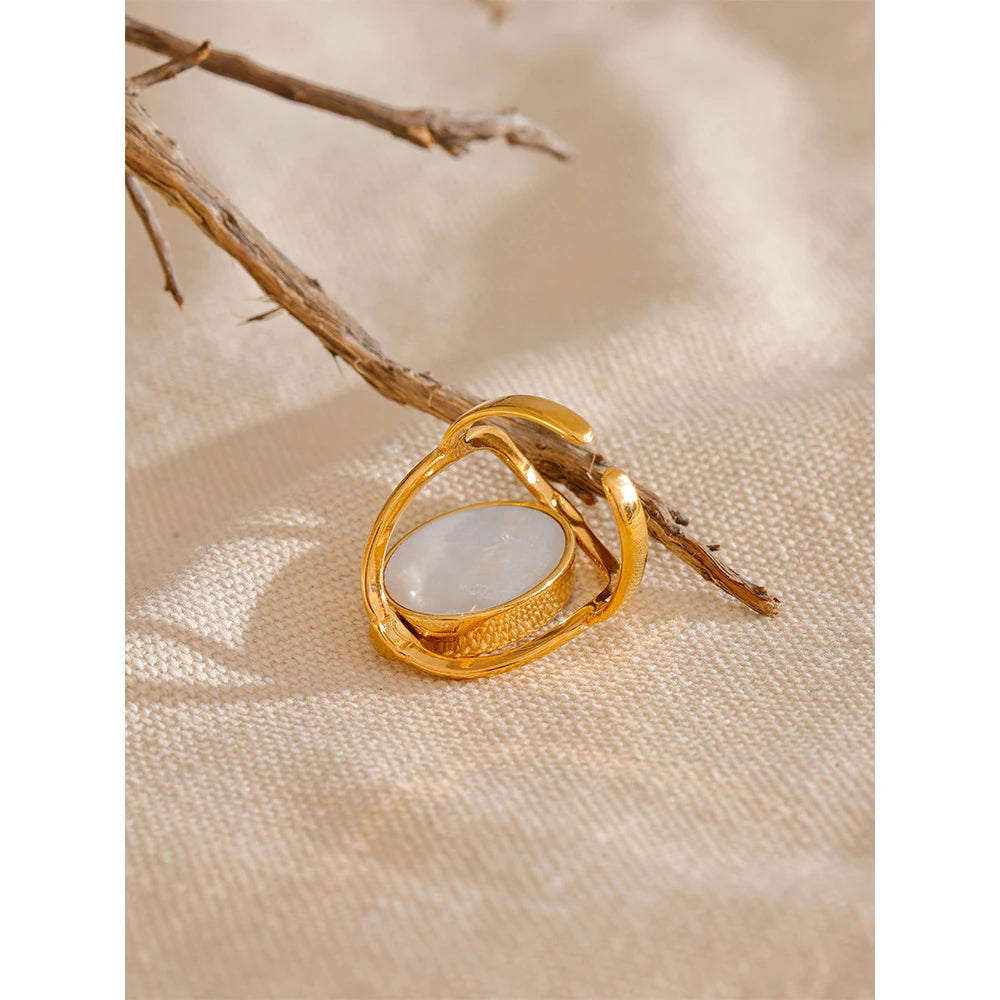 Yhpup Exclusive Natural Stone Shell Rotatable Open Ring France Exquisite Stainless Steel Unique Jewelry for Fashionable Women - YDKM