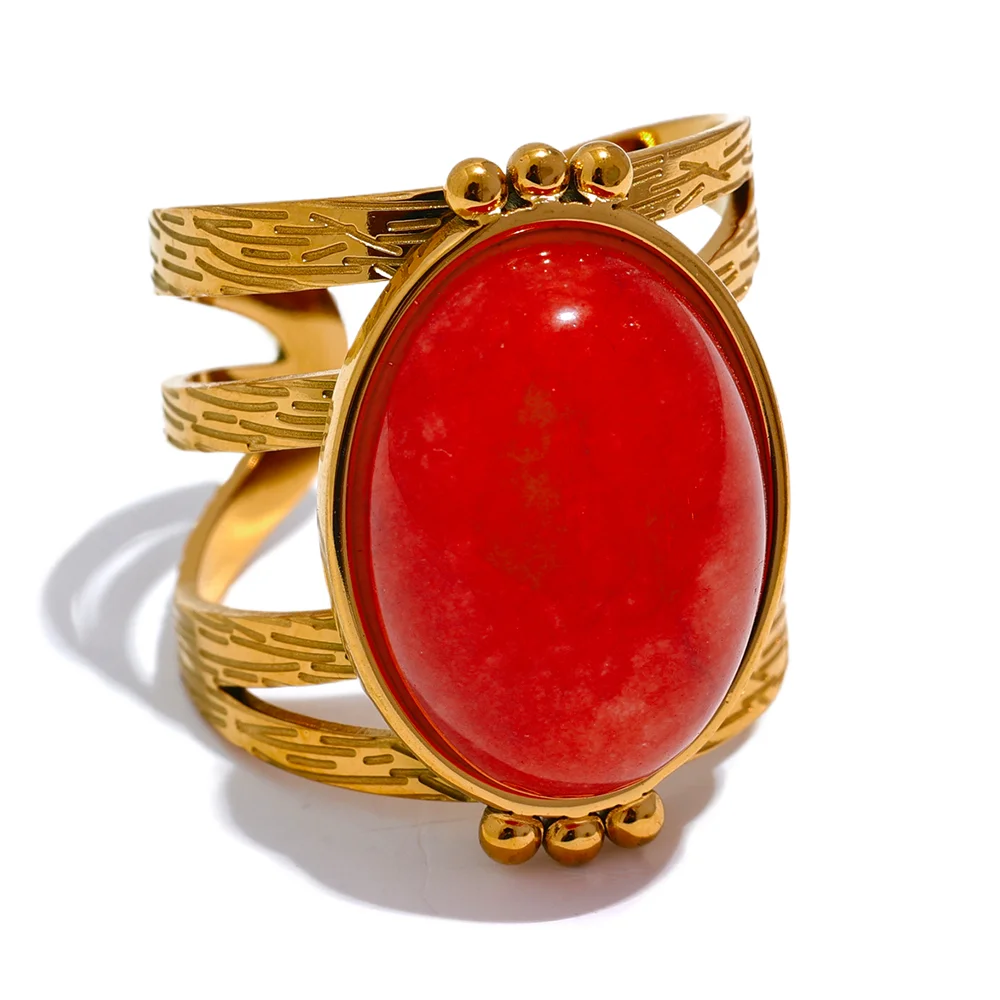 Yhpup Red Black Green Stone Stainless Steel Open Adjustable Popular Fashion Ring Gold Plated Waterproof Women Jewelry Gala Gift - YDKM