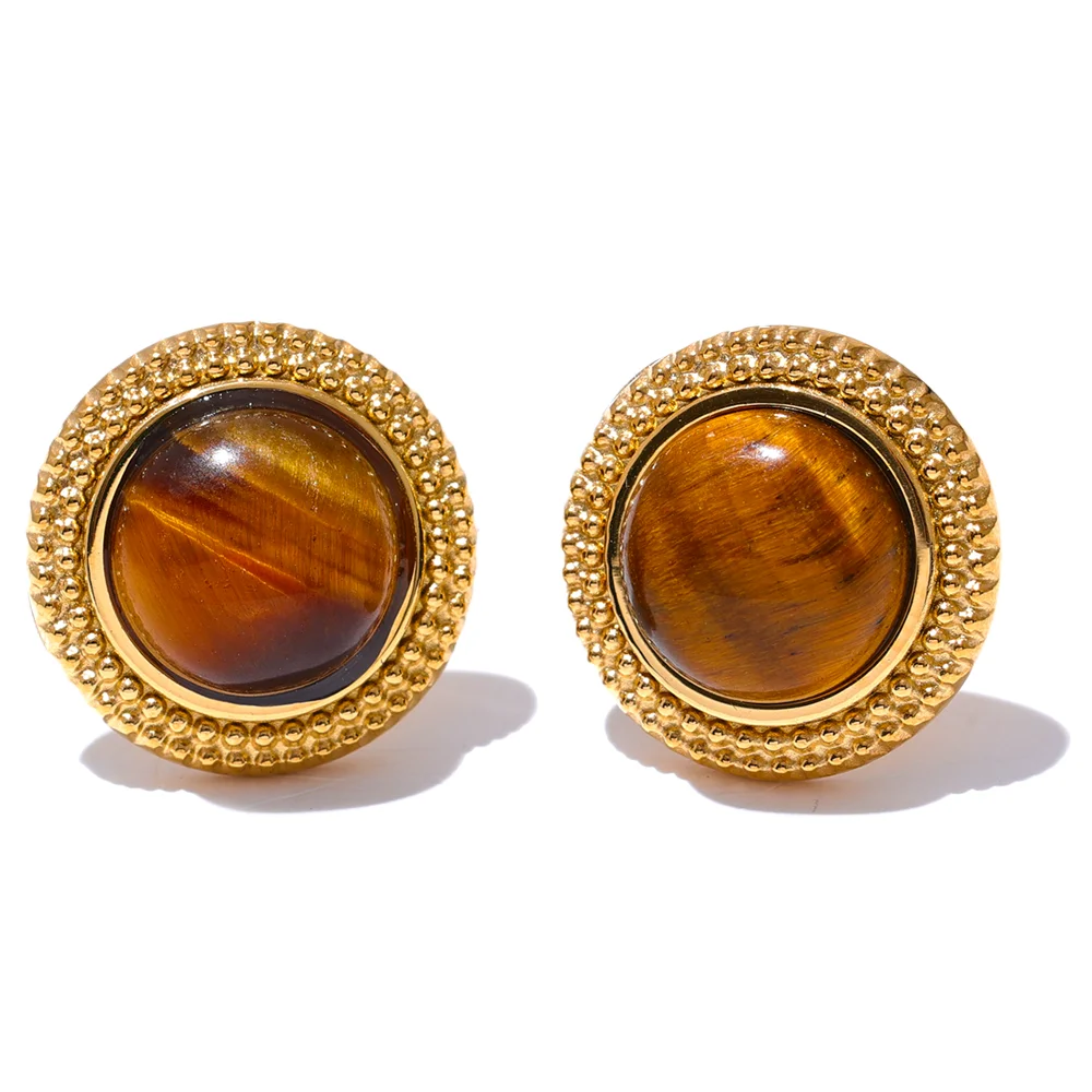 Yhpup Exquisite Natural Stone Stainless Steel Round Small Stud Earrings Waterproof Trendy High Quality Daily Jewelry Bijoux - YDKM