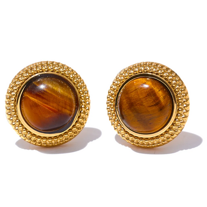 Yhpup Exquisite Natural Stone Stainless Steel Round Small Stud Earrings Waterproof Trendy High Quality Daily Jewelry Bijoux - YDKM