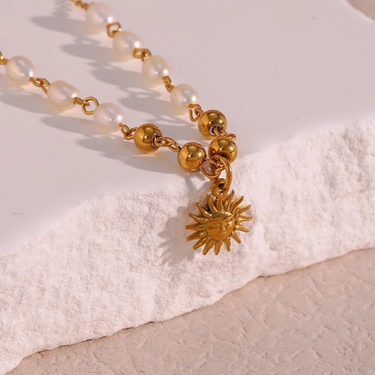 Freshwater Pearl Gold Color Beads Chain Stainless Steel Necklace Optimistic Sun Pendant Necklace For Woman Christmas Gift - YDKM