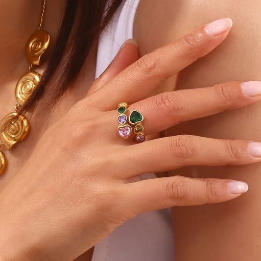 E.B.belle Open Heart Zircon Ring Colorful Hypoallergenic 316L Stainless Steel Decoration 18K Gold Plated Jewelry - YDKM