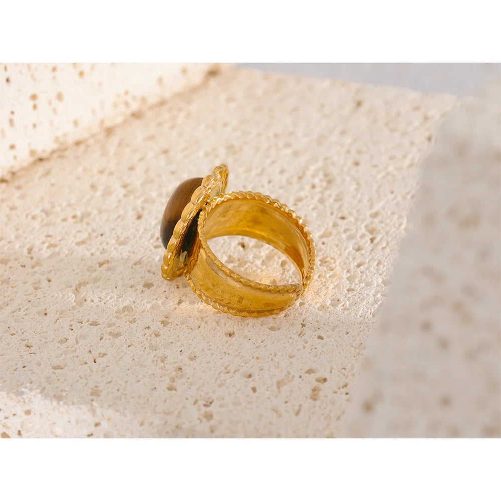 Yhpup Stainless Steel Wide Chunky Ring Inlaid Tiger Natural Stone Jewelry Trend Europe Bijoux Vintage Stylish Statement - YDKM