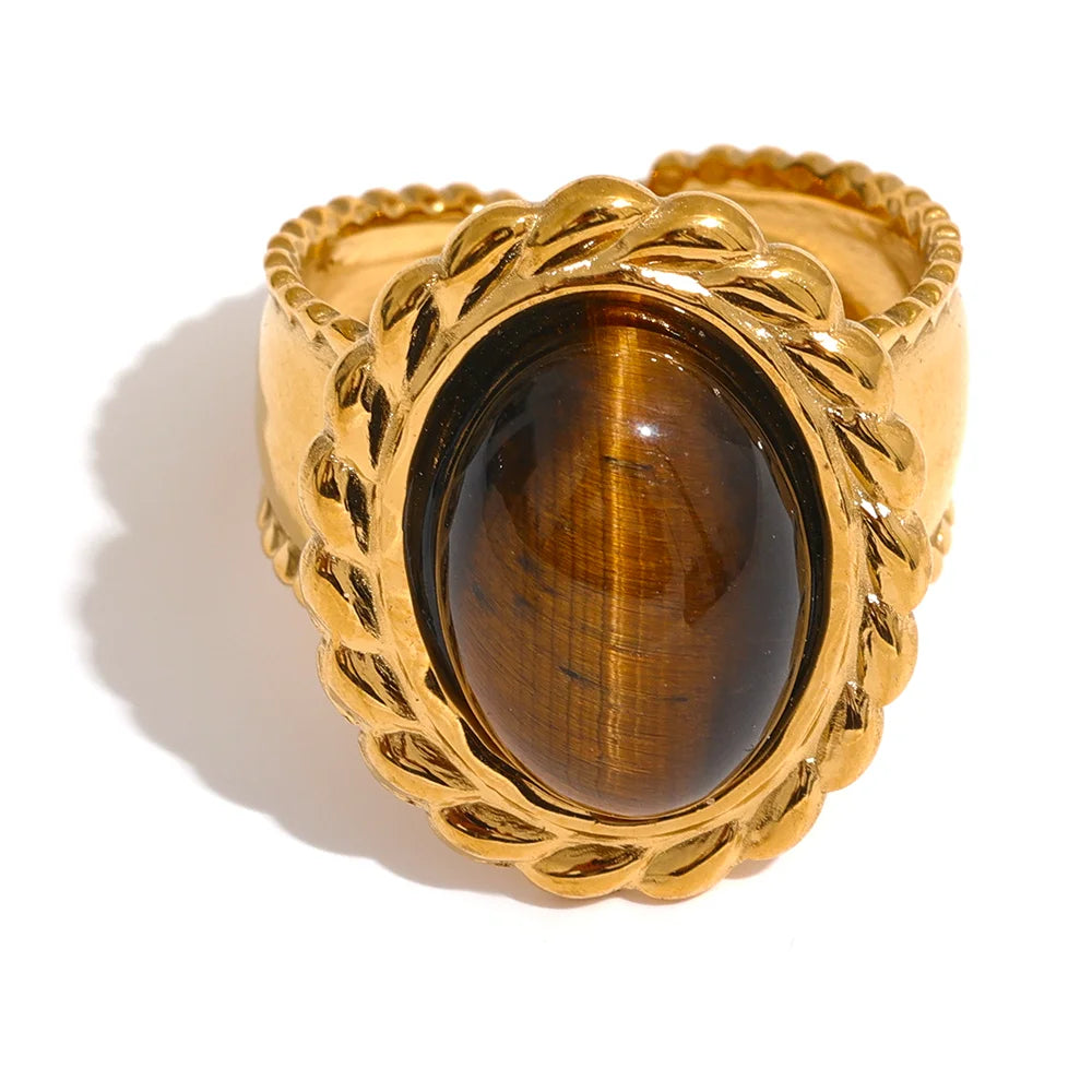 Yhpup Stainless Steel Wide Chunky Ring Inlaid Tiger Natural Stone Jewelry Trend Europe Bijoux Vintage Stylish Statement - YDKM