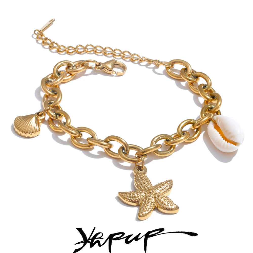 Yhpup Stainless Steel 18K Gold PVD Plated Metal Chain Waterproof Ocean Pendant Charm Starfish Shell Accessories Holiday Jewelry - YDKM