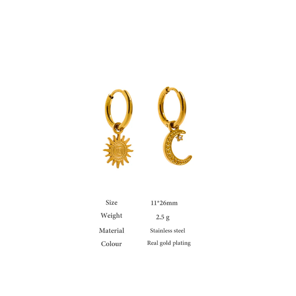 Yhpup Trendy Star Moon Asymmetry Drop Stainless Steel Gold Color Texture Hoop Earrings Statement Charm Jewelry for Women Gift - YDKM