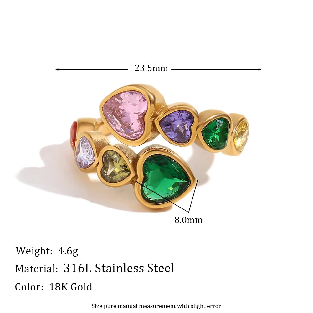E.B.belle Open Heart Zircon Ring Colorful Hypoallergenic 316L Stainless Steel Decoration 18K Gold Plated Jewelry - YDKM