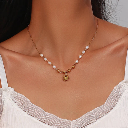 Freshwater Pearl Gold Color Beads Chain Stainless Steel Necklace Optimistic Sun Pendant Necklace For Woman Christmas Gift - YDKM