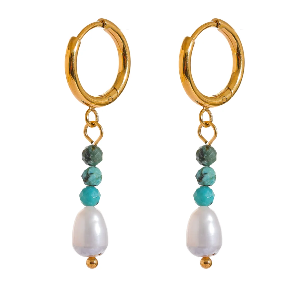 Yhpup Exquisite Stainless Steel Natural Stone Freshwater Pearl Bead Drop Hoop Earrings Fashion Daily Handmade Jewelry Bijoux - YDKM