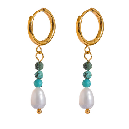 Yhpup Exquisite Stainless Steel Natural Stone Freshwater Pearl Bead Drop Hoop Earrings Fashion Daily Handmade Jewelry Bijoux - YDKM
