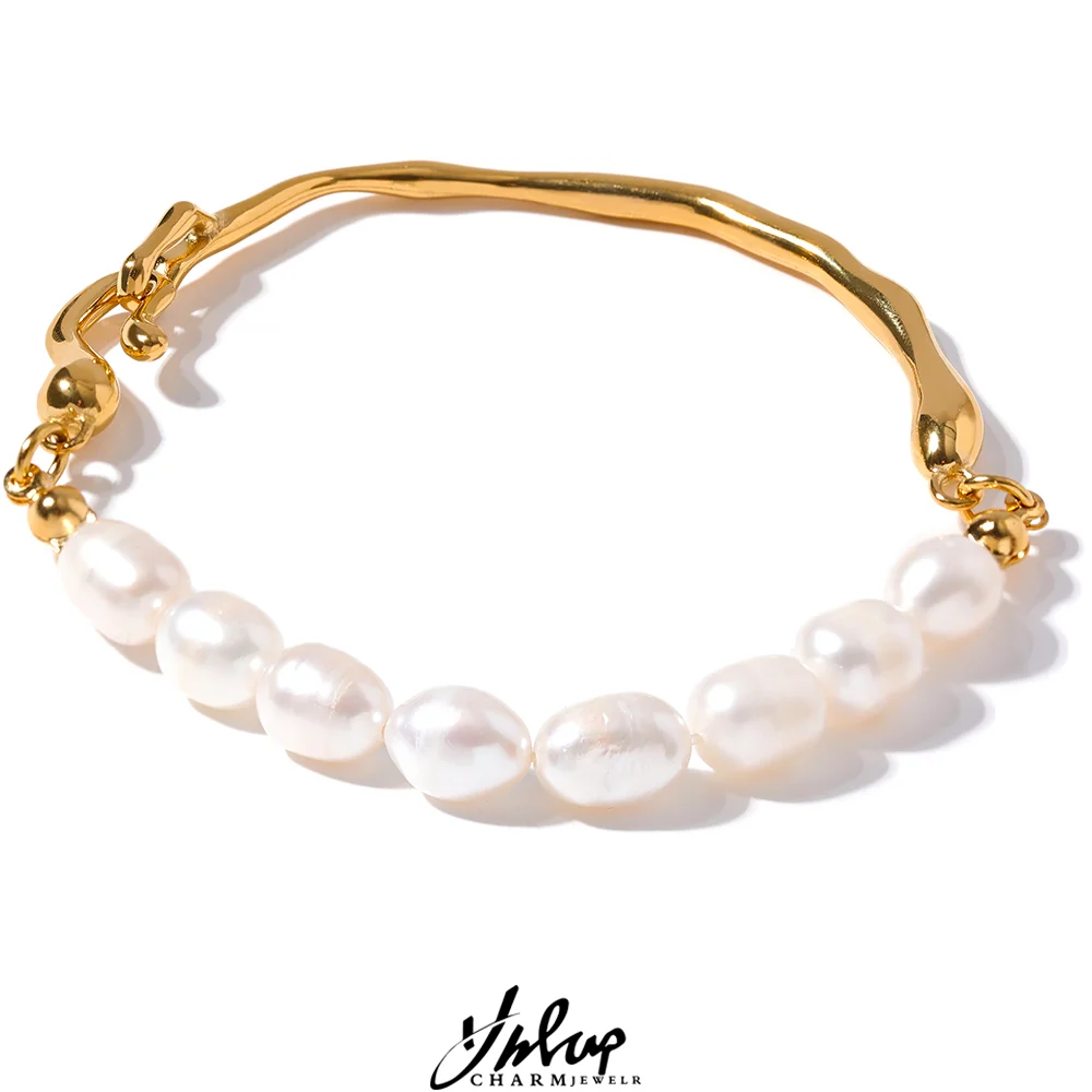 Yhpup Luxury Natural Freshwater Pearls Stainless Steel 18k Gold Color Bracelet Bangle Temperament Fashion Jewelry Women New Gift - YDKM