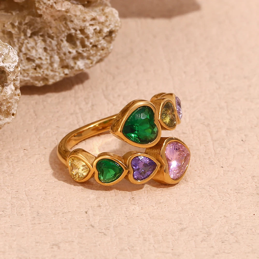 E.B.belle Open Heart Zircon Ring Colorful Hypoallergenic 316L Stainless Steel Decoration 18K Gold Plated Jewelry - YDKM