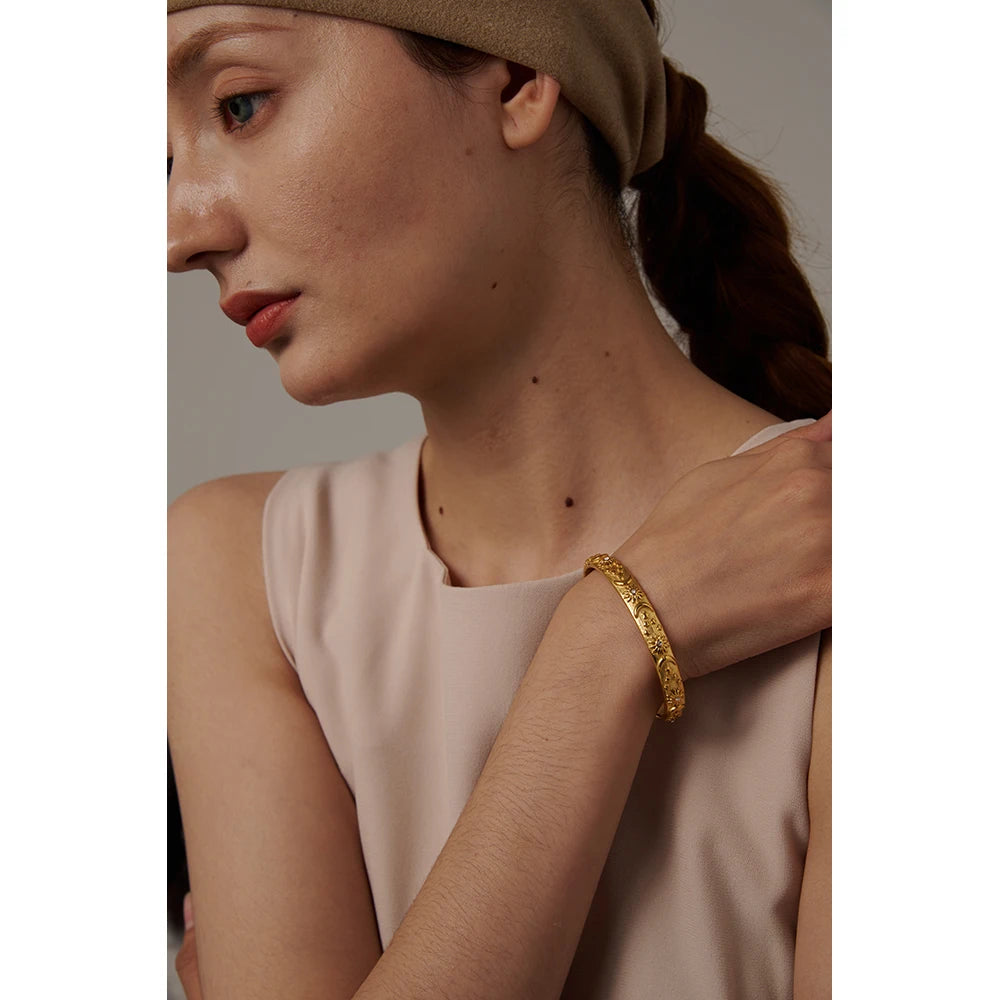 Yhpup Golden Stainless Steel Moon Star Sun Bangle Bracelet  Stylish Metal Open Wrist браслеты на руку женкие Party Gift - YDKM